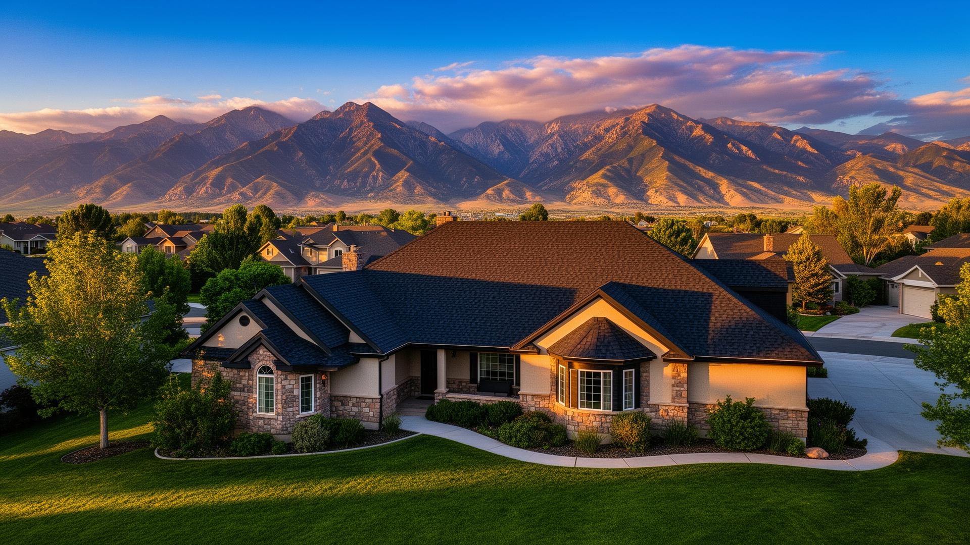 Beautiful Utah home with new roof against Wasatch mountain range