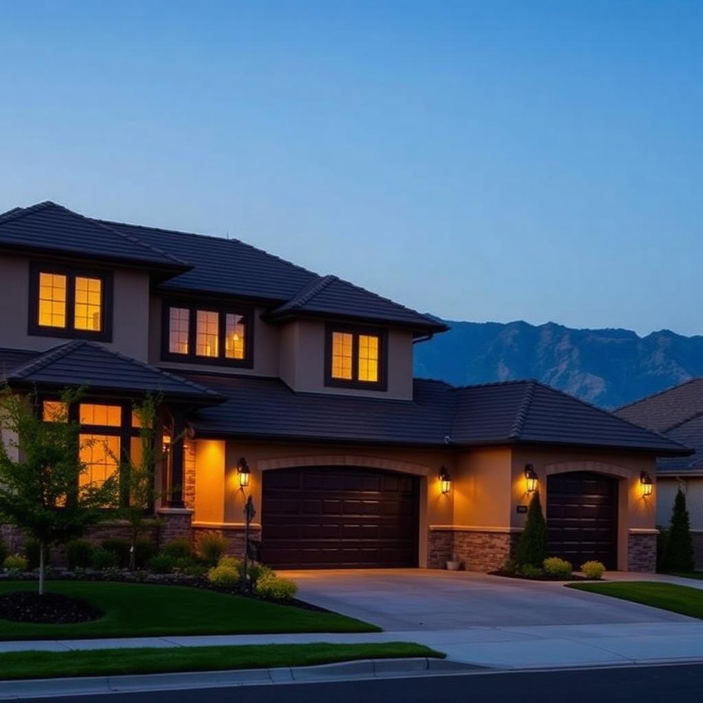 Two-story Utah home with new dark shingle roof at twilight
