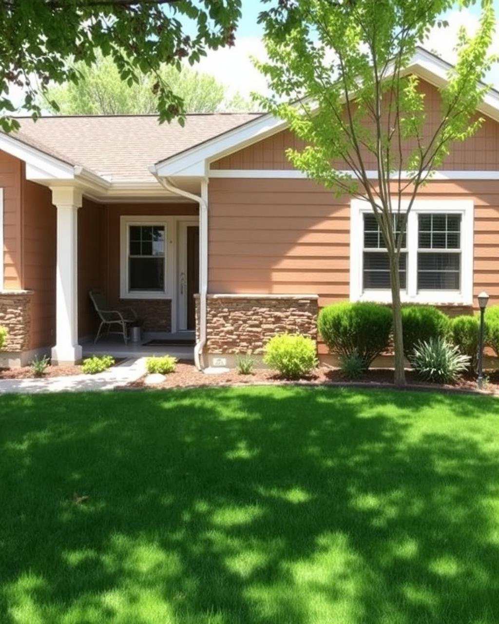Craftsman ranch home with new tan siding